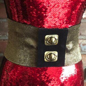 Vintage 80s Stretch Waist Cincher Belt Metallic Gold & Black Wide Elastic Small